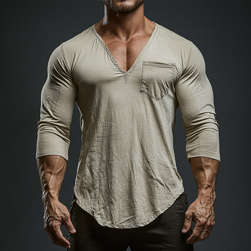 Men's Vintage Casual Cotton V-Neck Pocket Long Sleeve T-Shirt MTA2137G4TO