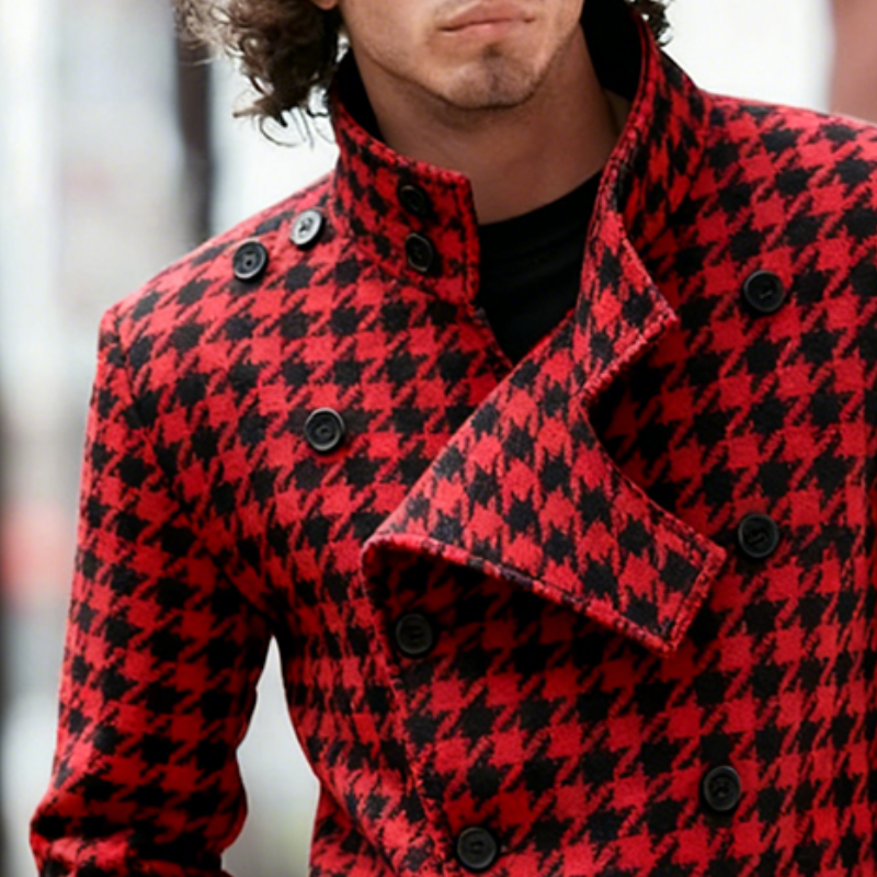 Men's Retro Casual Houndstooth Stand Collar Double Breasted Jacket MTA1728J9TO