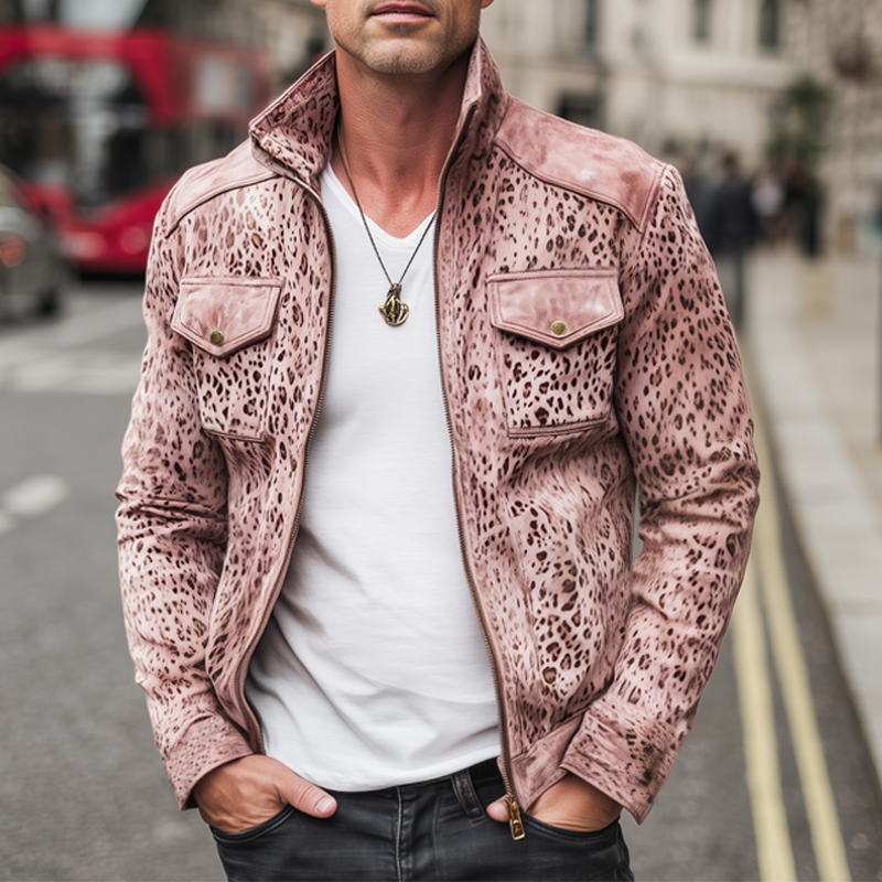 Men's Fashion Leopard Suede Stand Collar Zipper Jacket MTA1537H9U