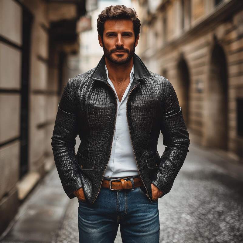 Men's Fashion Vintage Crocodile Pattern PU Lapel Zipper Placket Slim Fit Jacket MTA2197H1M