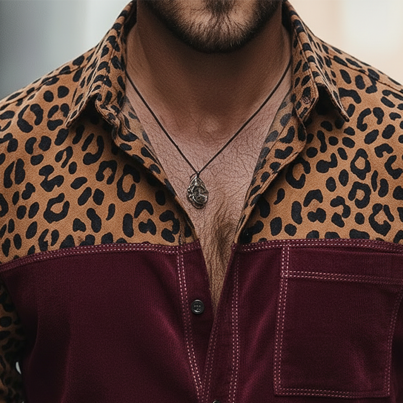 Men's Vintage Leopard Print Faux Suede Button-down Long-sleeved Shirt MTA2339L4P