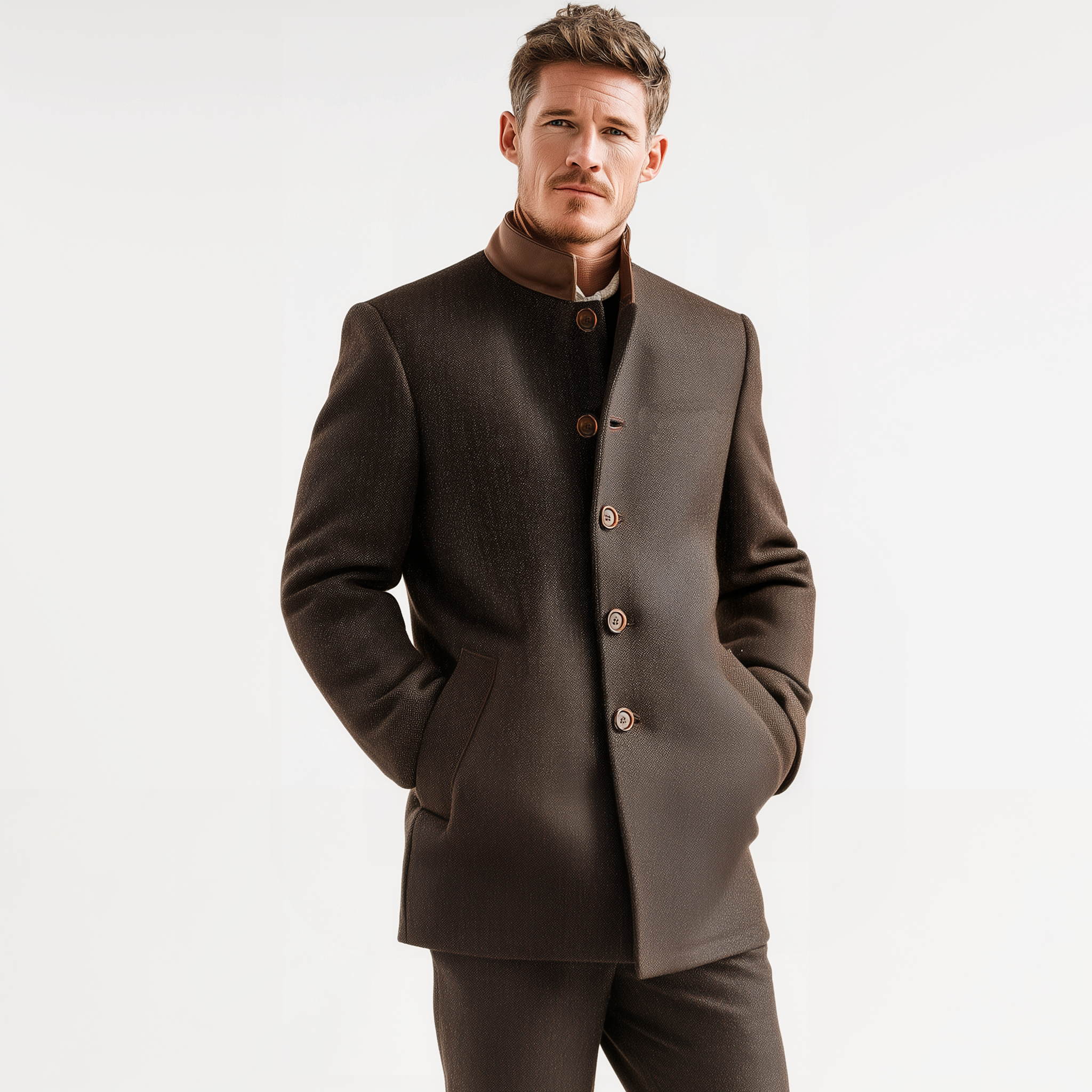 Men's Classic Retro PU Leather Stand Collar Herringbone Woolen Slim Fit Jacket MTA1675I8K
