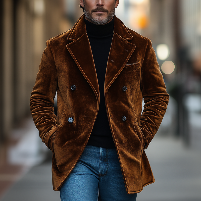 Men's Winter Retro Glossy Velvet Double-Breasted Warm Jacket MTA0442K1P