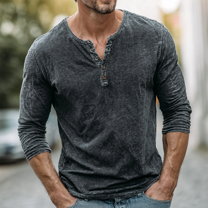 Men's Washed Cotton Henley Collar Long Sleeve T-shirt MTA1217H2Z