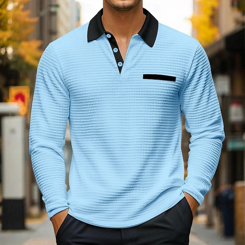 Men's Contrasting Waffle Texture Long-sleeved POLO Shirt MTA1323H3X