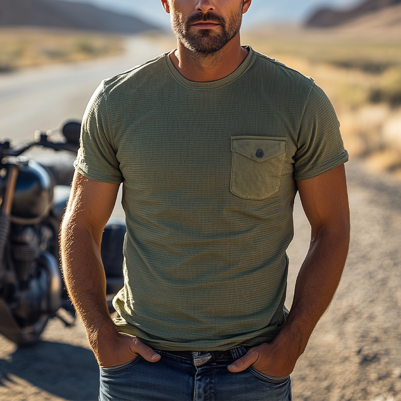 Men's Summer Fashion Personality Tough Guy Style Waffle Slim Chest Patch Pocket Short-sleeved T-shirt MTA2603E3K
