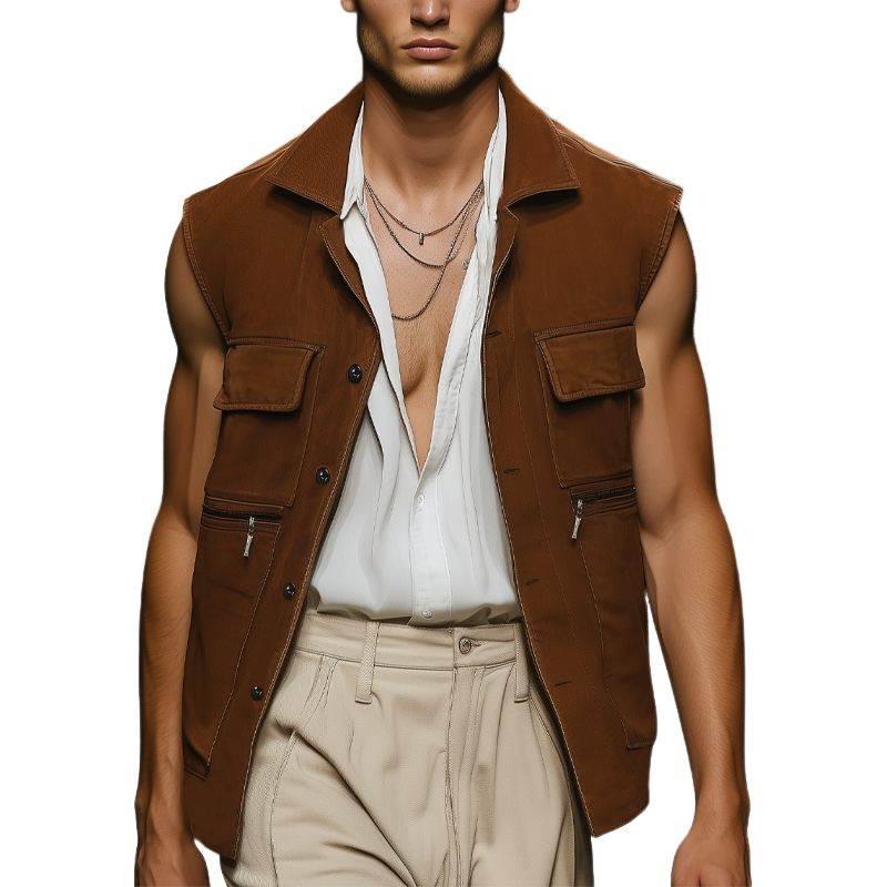 Men's Classic Suede Button Multi-Pocket Vest MTA1621F3U