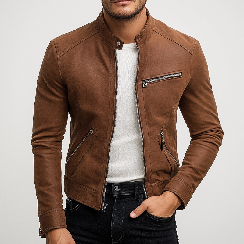 Men's Retro Stand Collar Zipper PU Jacket MTA2304I7X