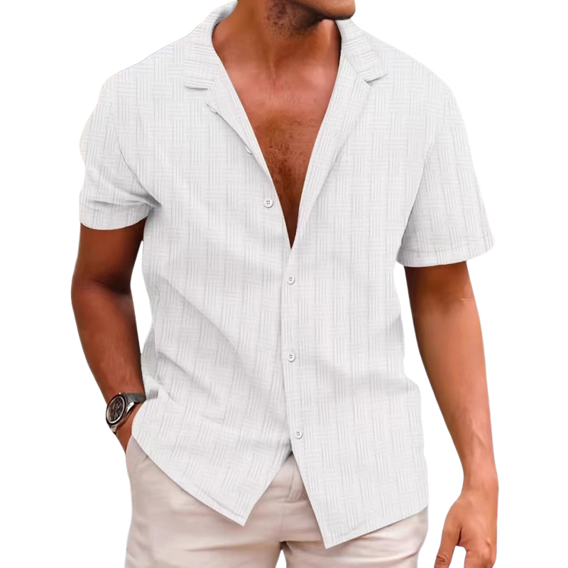 Men's Solid Textured Lapel Short Sleeve Shirt 25734697Z