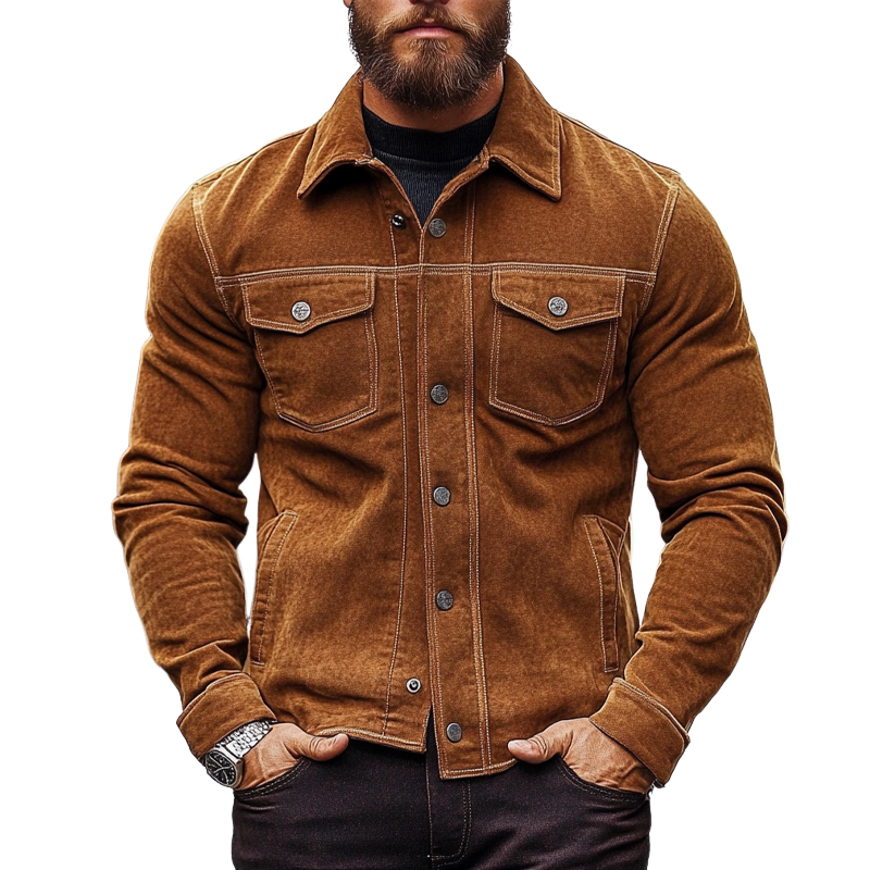 Men's Vintage Solid Color Lapel Single-Breasted Faux Suede Jacket MTA1961H5X