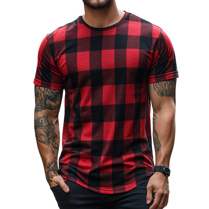 Men's Retro Casual Plaid Printed Round Neck Short Sleeve T-Shirt 85804146TO