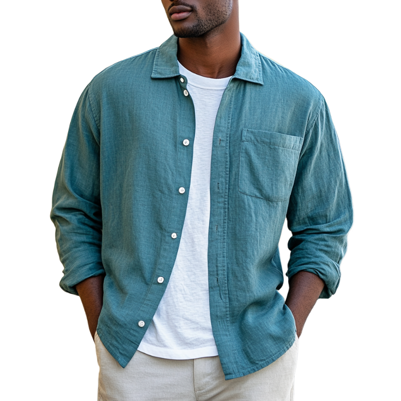Men's Casual Breathable Botton Linen Blend Lapel Loose Long Sleeve Shirt MTA0624E2M