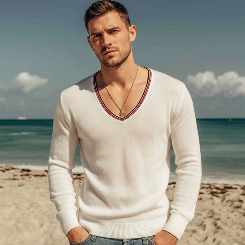 Men's Classic White Deep V-neck Knitted Sweater MTZ2251A7U