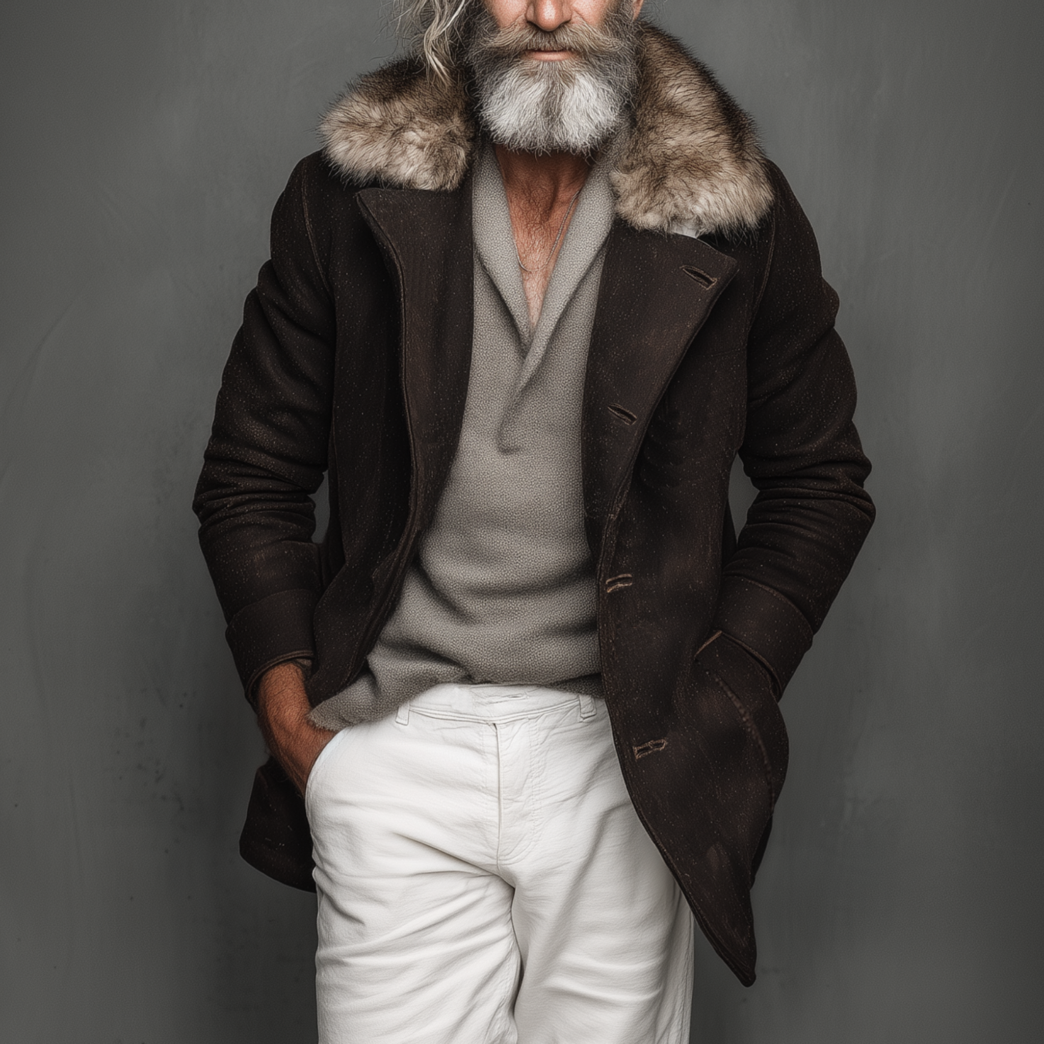 Men's Classic Vintage Faux Wool Single-breasted Thigh-length Coat (with Detachable Faux Fur Collar) MTA2532I3K