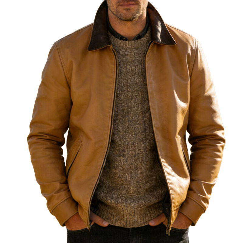 Men's Retro Casual PU Color Block Lapel Zipper Jacket MTA1238L8TO