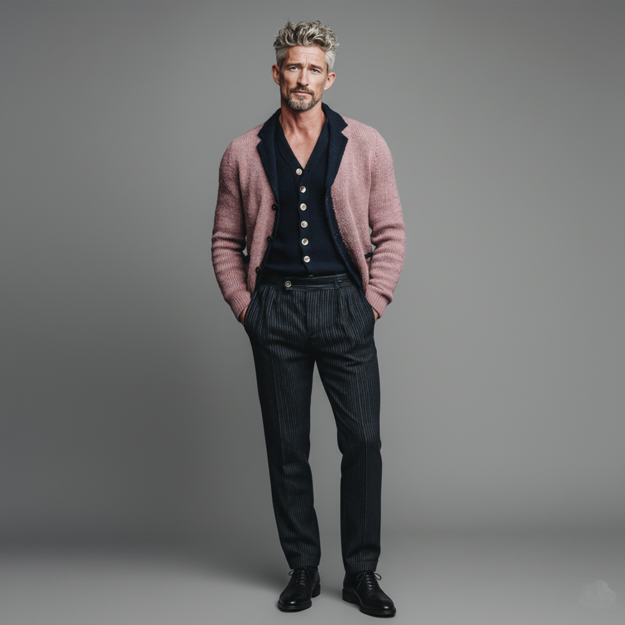 Men's Classic Casual Lapel Pink And Navy Blue Knitted Cardigan MTA2618I0K