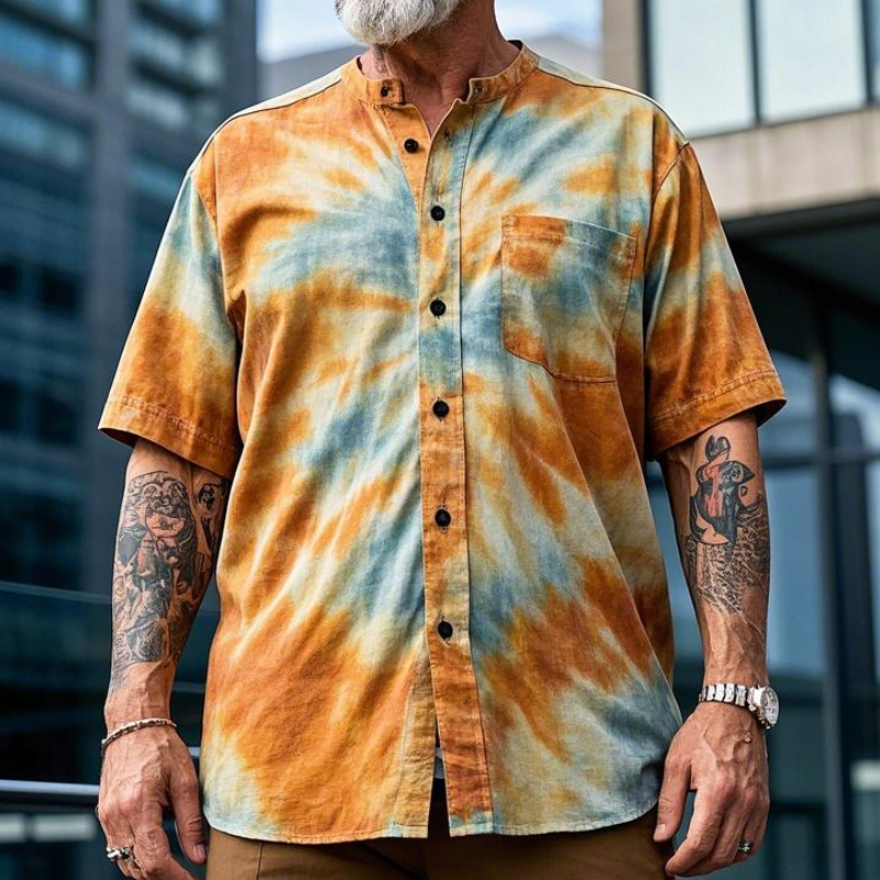 Men's Casual Fashion Round Neck Tie-dye Printed Cotton Blend Short-sleeved Shirt 34850474F