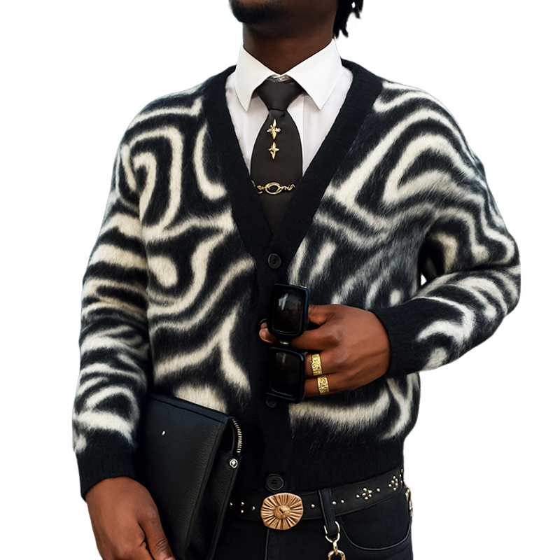 Men's Classic V-Neck Zebra Pattern Knit Cardigan MTA2672H6U
