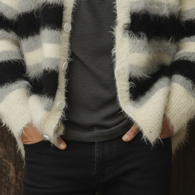 Men's Fashion Mohair Cotton Blended Striped Cardigan Sweater MTA1098J0P