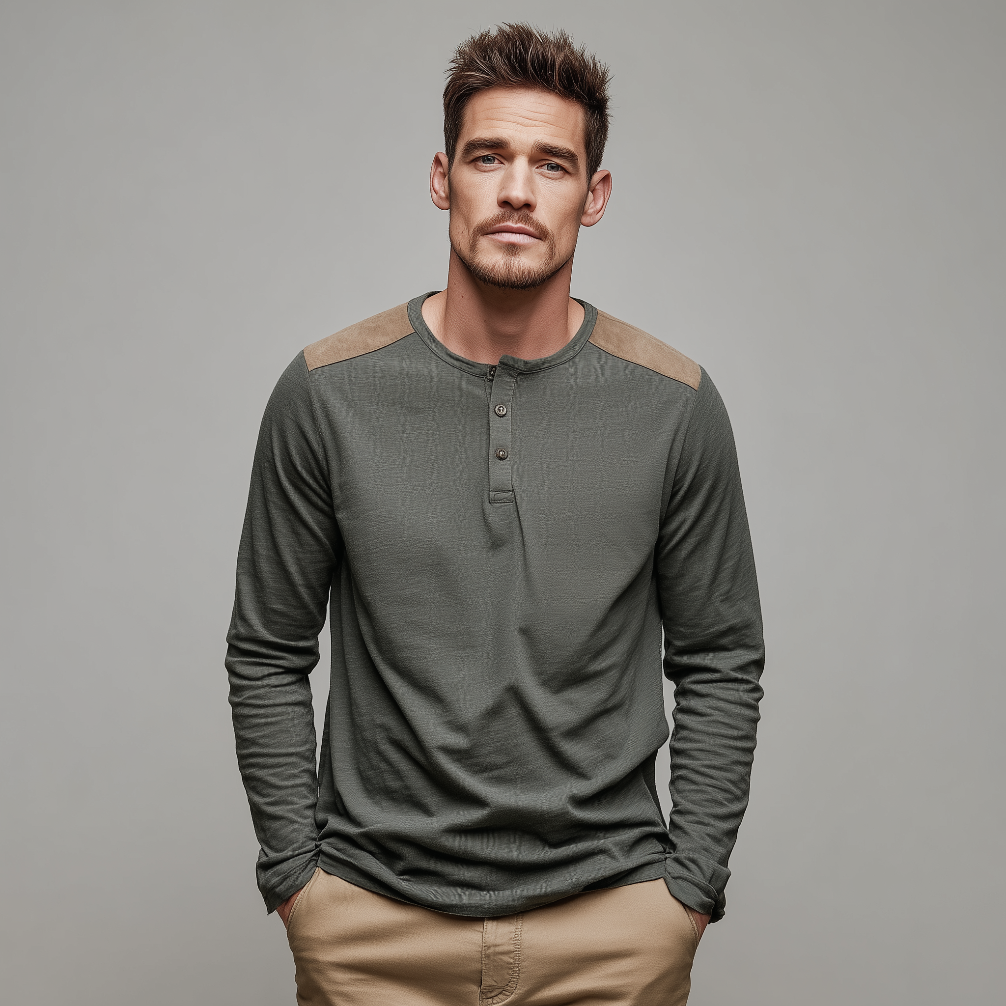 Men's Classic Casual Shoulder Paneling Thin Suede Henley Collar Bamboo Cotton Long Sleeve T-shirt MTA3054G1K