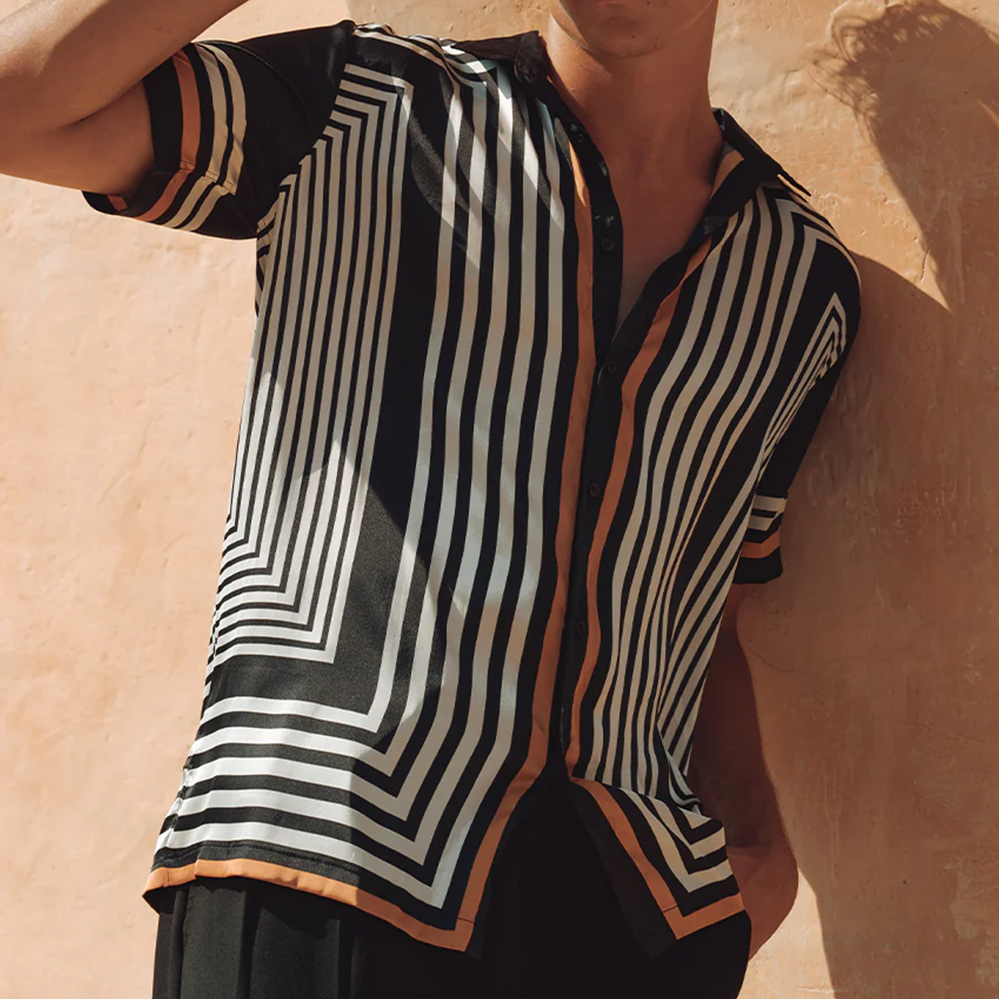 Men's Retro Casual Contrast Stripe Printed Satin Short Sleeve Shirt MTA2177G6K
