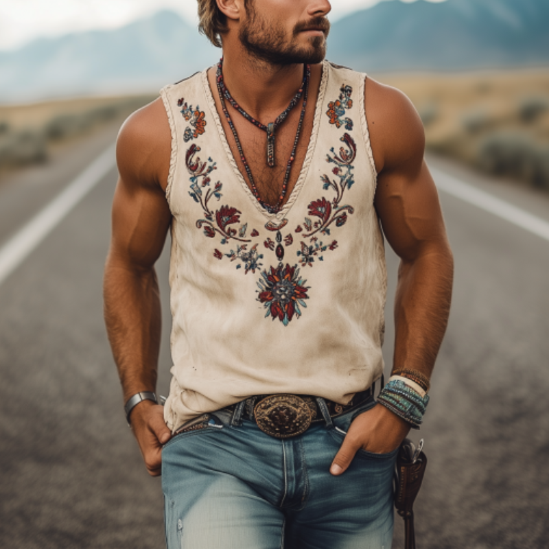 Men's American Western Cowboy Style Suede Embroidered V-Neck Tank Top 72894320K