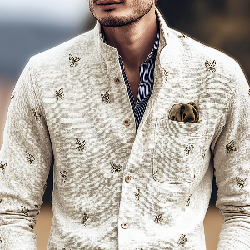 Men's Butterfly Print Stand Collar Long Sleeve Shirt MTA1102I7Z