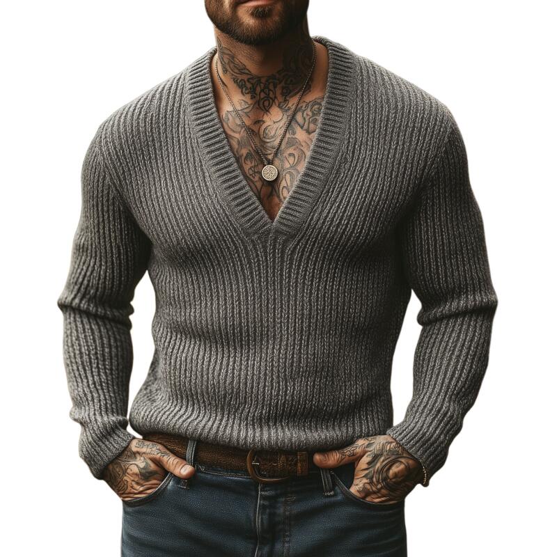 Men's Casual Solid Color Breathable Knitted V-neck Slim Fit Pullover Sweater MTA2855H8M