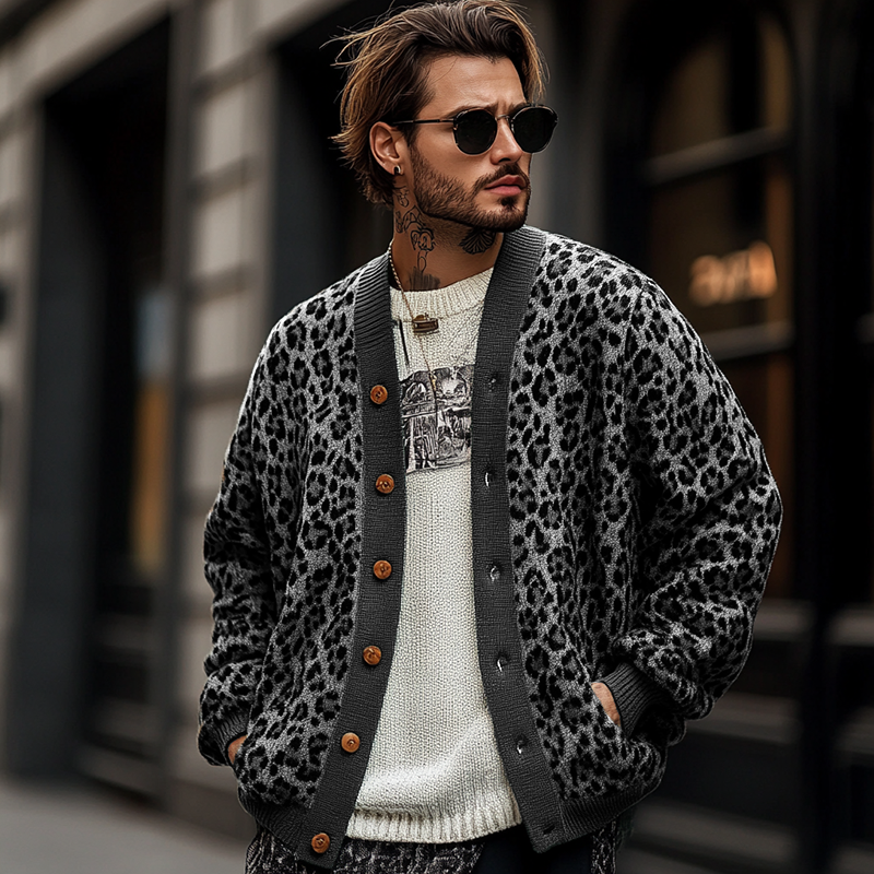 【Spedizione in 24 ore】Cardigan monopetto vintage da uomo con motivo leopardato jacquard colorblock 23865460Y