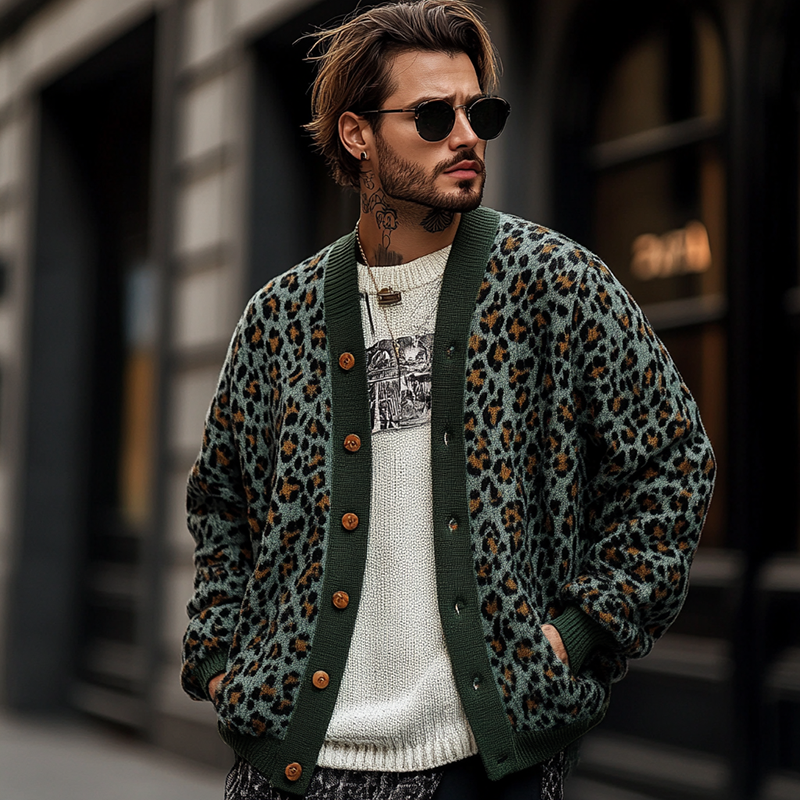 【Spedizione in 24 ore】Cardigan monopetto vintage da uomo con motivo leopardato jacquard colorblock 23865460Y