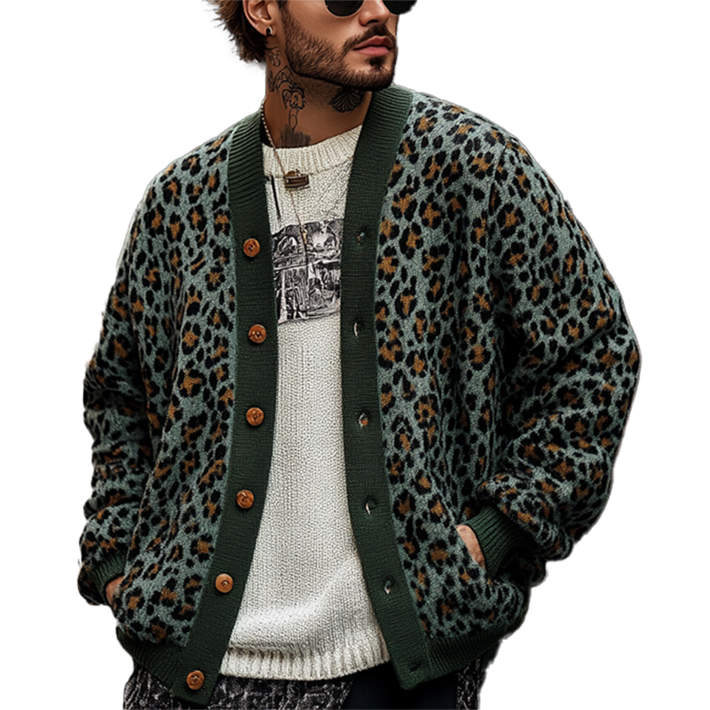 ジャケット・アウター la favola leather piping cardigan size 3 Men's Vintage Leopard Jacquard Colorblock Single Breasted Cardigan 238