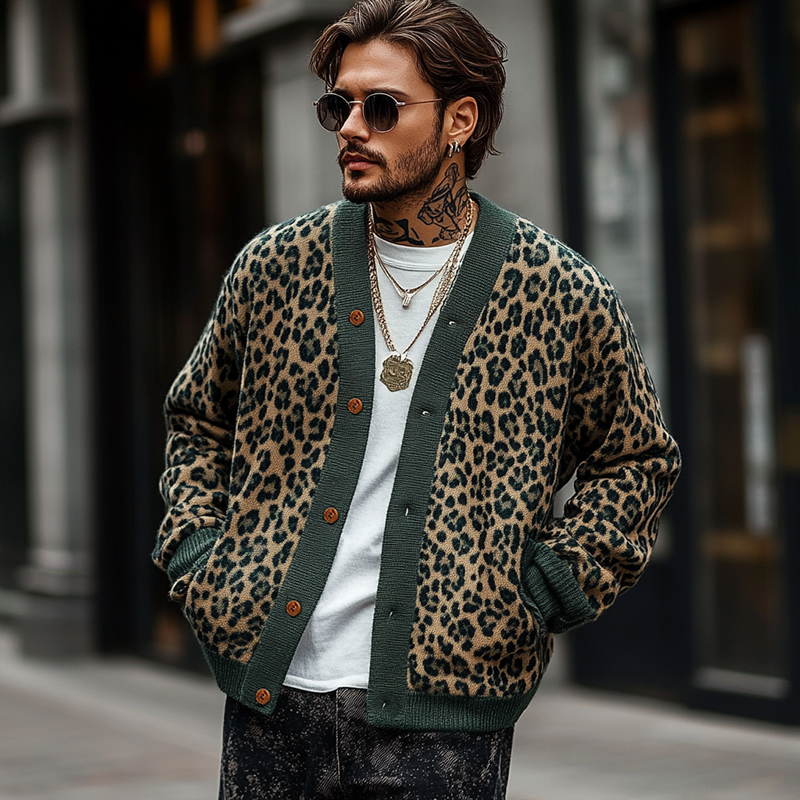 【Spedizione in 24 ore】Cardigan monopetto vintage da uomo con motivo leopardato jacquard colorblock 23865460Y