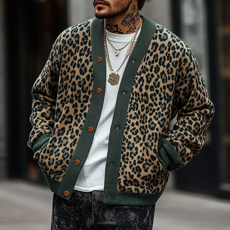 【Spedizione in 24 ore】Cardigan monopetto vintage da uomo con motivo leopardato jacquard colorblock 23865460Y