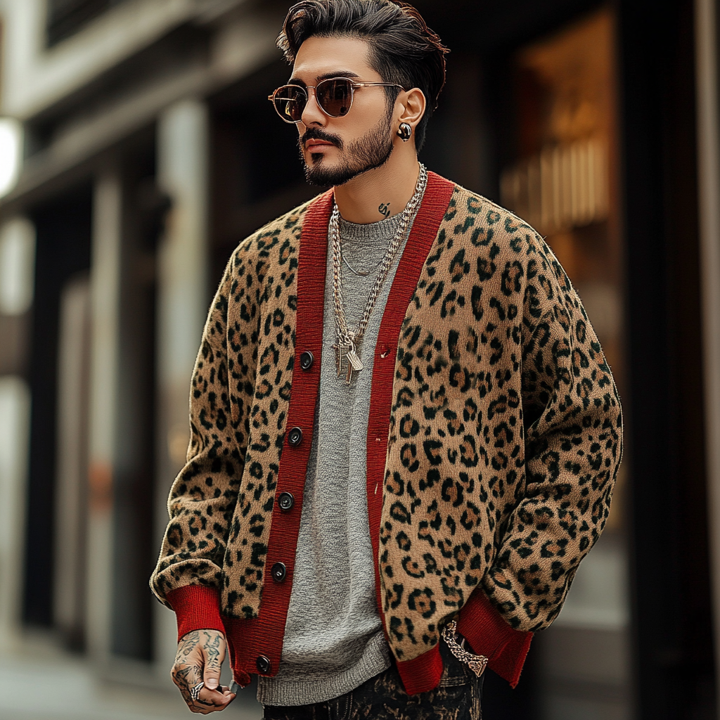 【Spedizione in 24 ore】Cardigan monopetto vintage da uomo con motivo leopardato jacquard colorblock 23865460Y