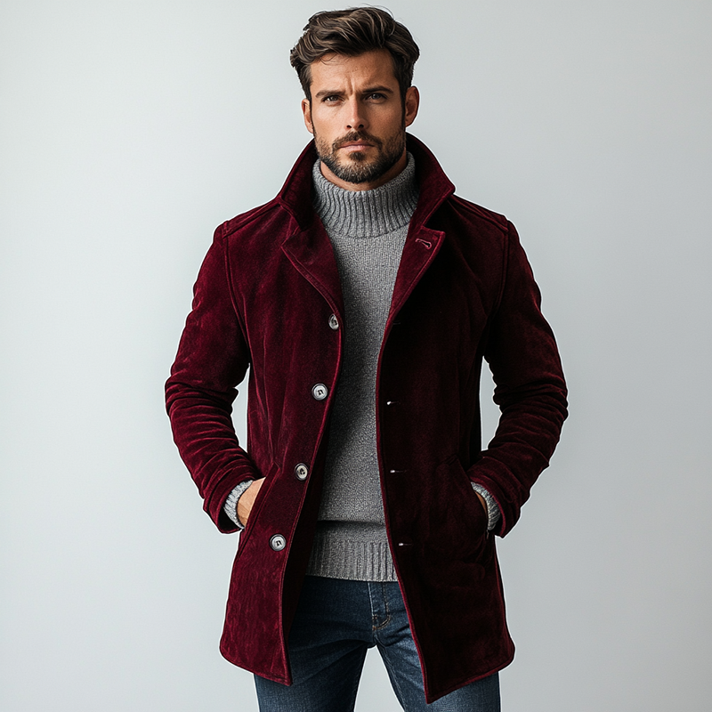 Cappotto monopetto vintage in pelle scamosciata da uomo, lunghezza media 46118477Y