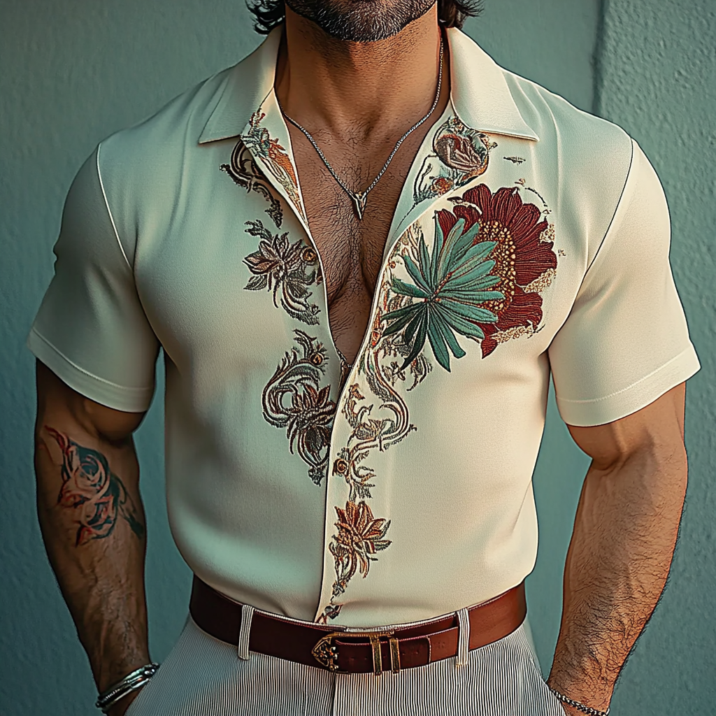 Men's Fashion Floral Embroidery Short Sleeve Shirt 39136608P