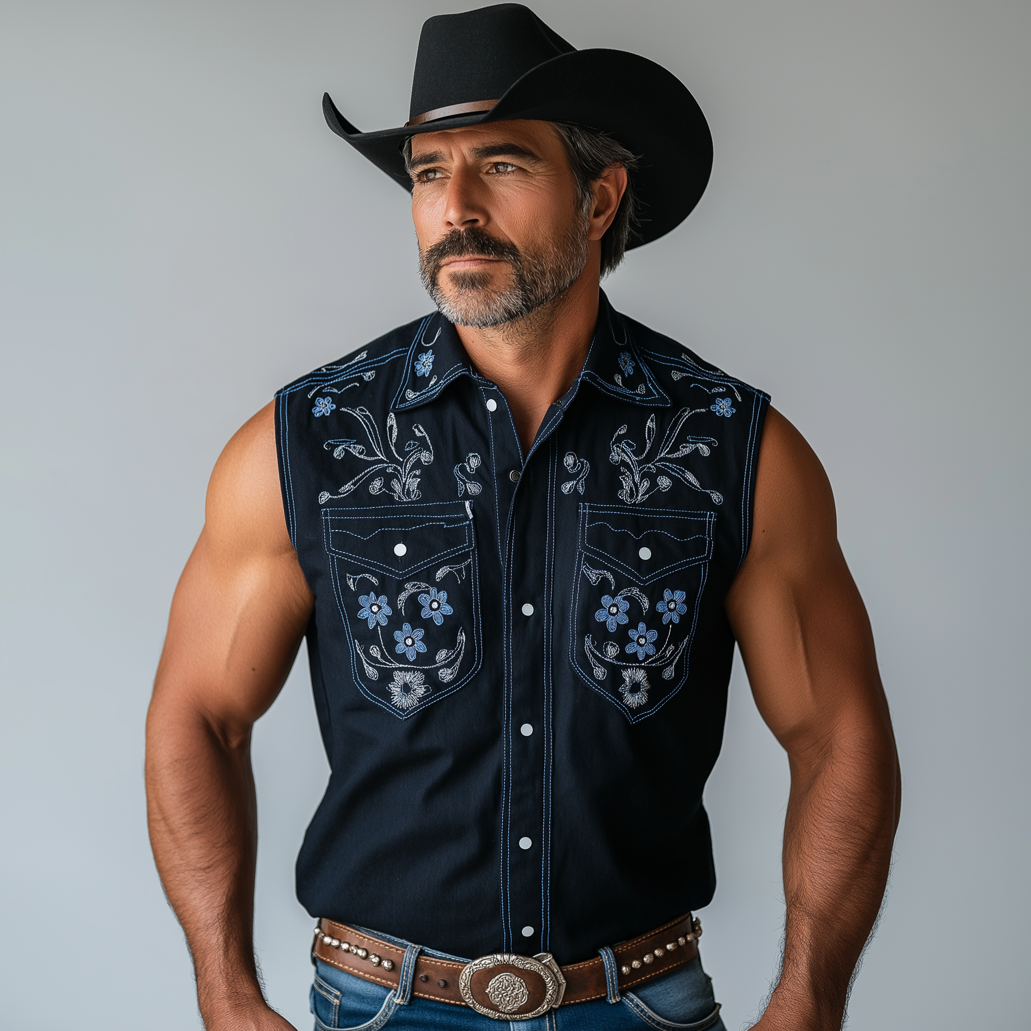 Men's Summer Western Cowboy Style Embroidered Cotton Blended Sleeveless Shirt MTA1480E0P