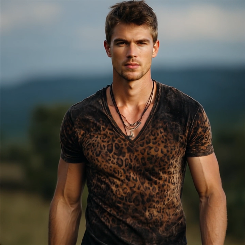 Men's Retro Casual Gradient Leopard Velvet V-neck Short Sleeve T-shirt MTA1072G3TO