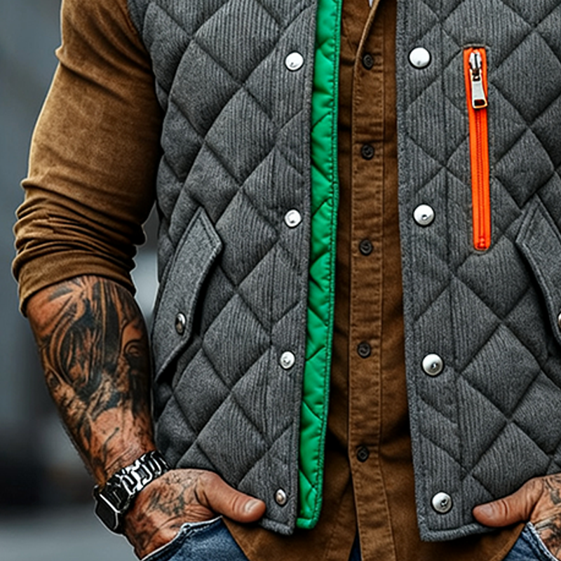 Men's Corduroy Quilted Color-Blocked Stand Collar Zipper Vest MTA2940J7X