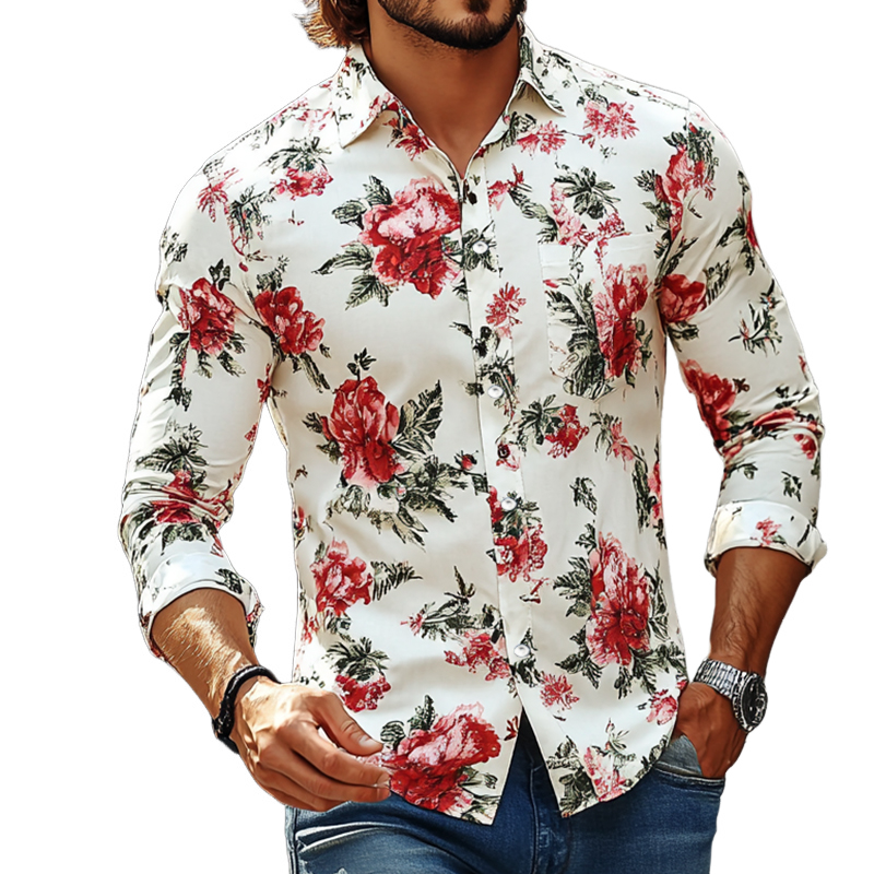 Men's Retro Casual Contrast Print Lapel Long Sleeve Shirt 29368993TO