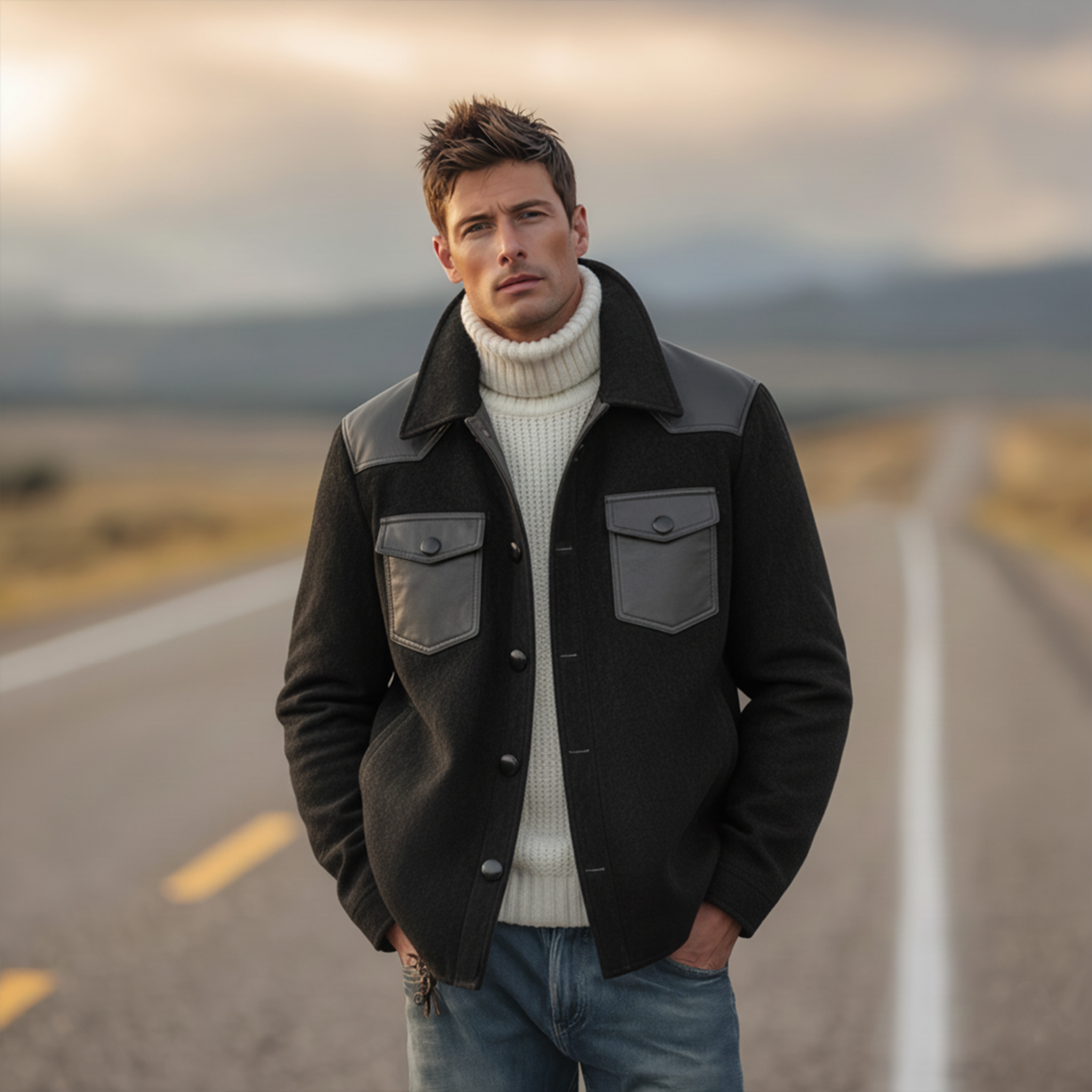Men's Classic Retro Western PU Leather Splicing Faux Suede Lapel Jacket MTA2313J2K