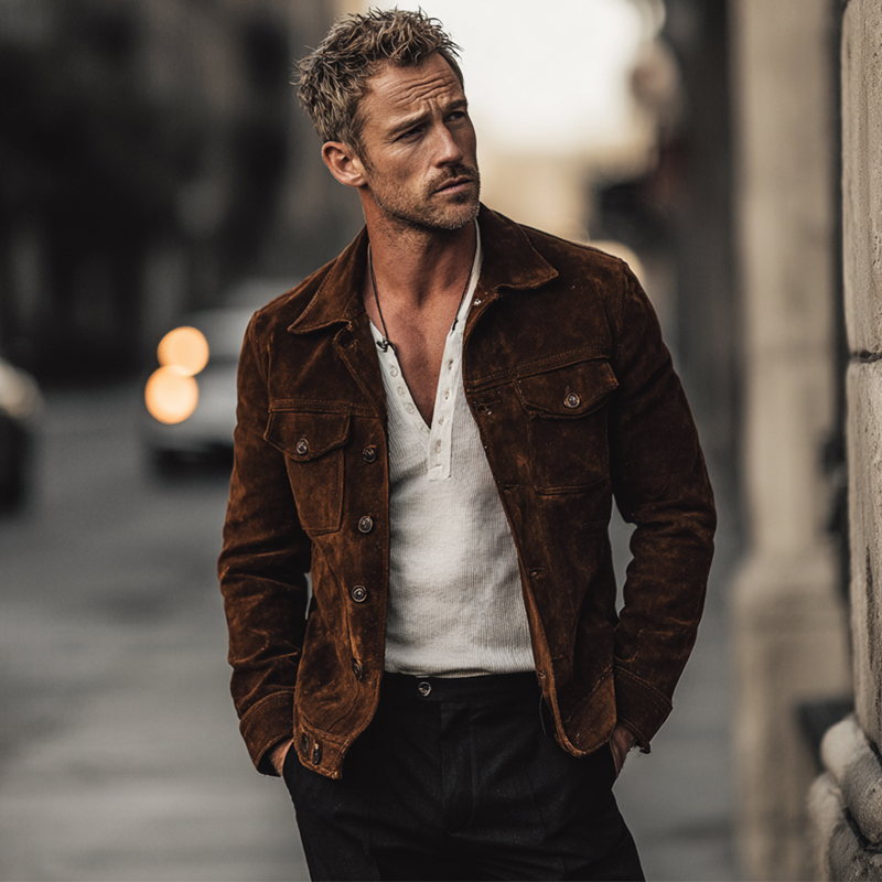 Men's Retro Solid Color Suede Slim Fit Jacket MTA1594H5X