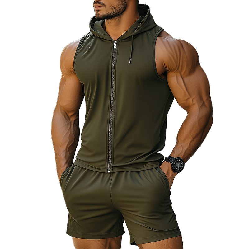 Herre sommermotesett med ermeløs sportsshorts i høy elastisk stoff MTA2367F0P