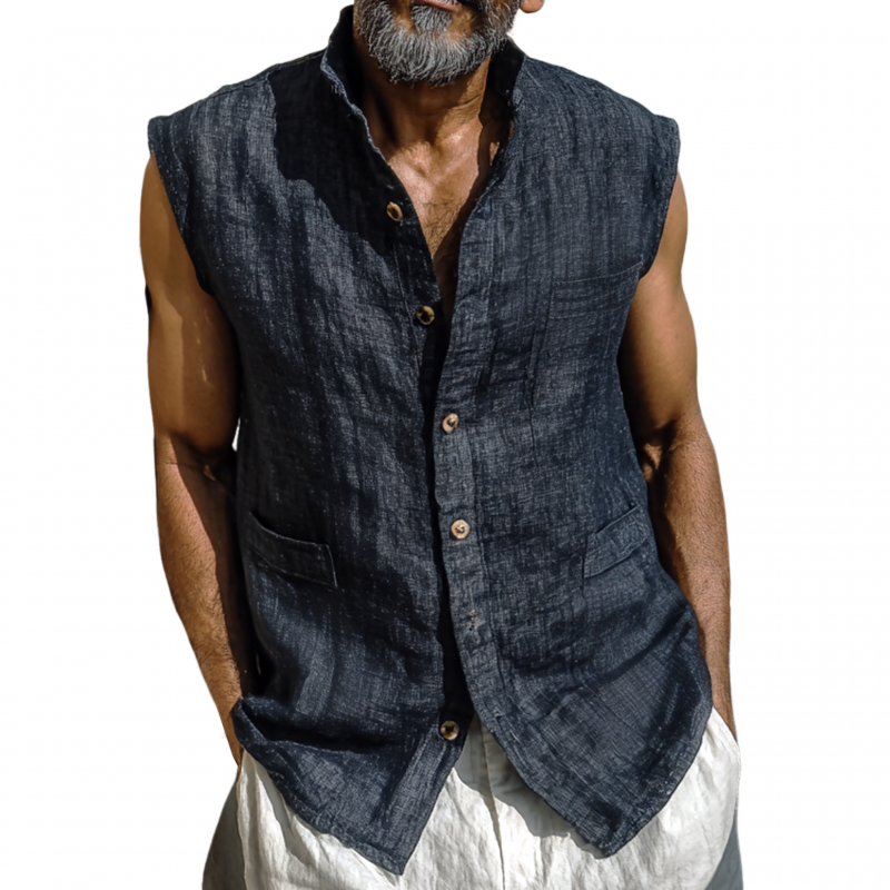 Men's Casual Breathable Linen Stand Collar Single Breasted Multi-patch Pocket Sleeveless Shirt MTA1131G2M