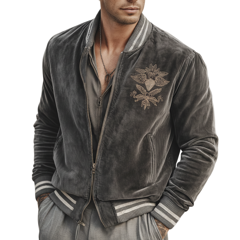Men's Urban Classic Grey Velvet Embroidered Zip-Up Jacket MTA2932L2U