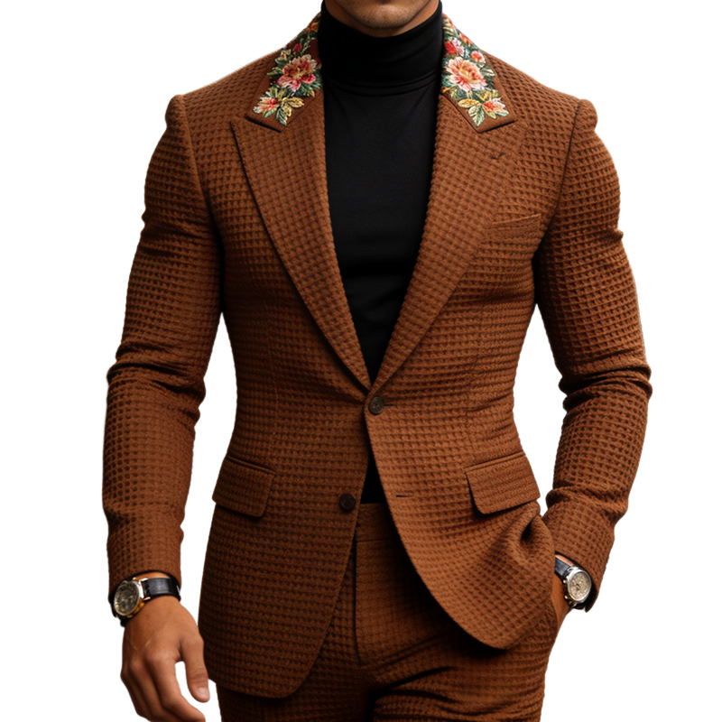 Men's Retro Casual Solid Color Waffle Embroidered Blazer MTA2382L4TO