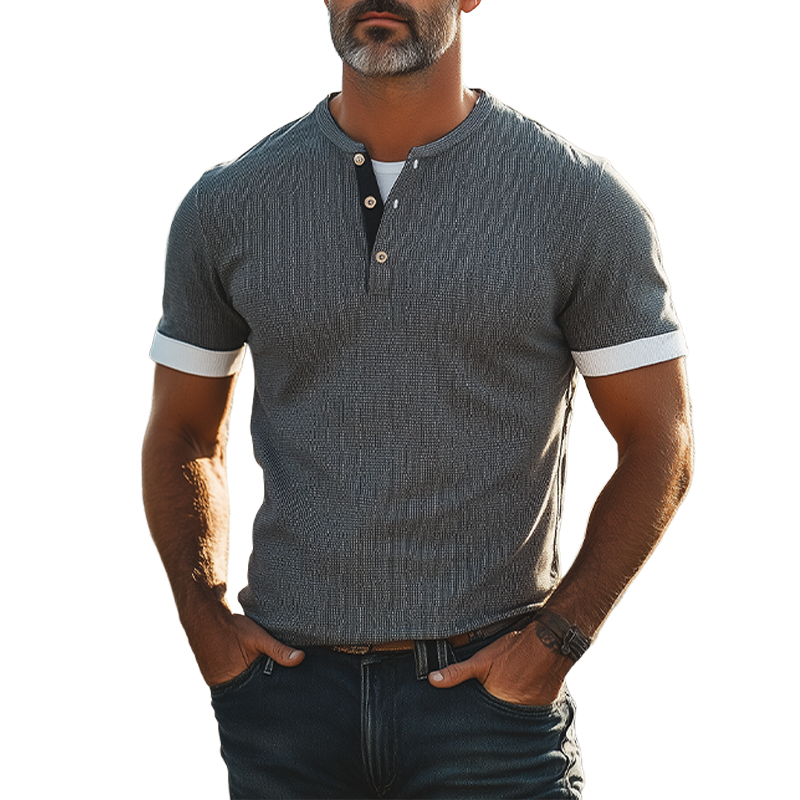Men's Summer Fashion Personality Tough Guy Henry Collar Fake Two-piece Waffle Slim Short-sleeved T-shirt MTA2648E4K