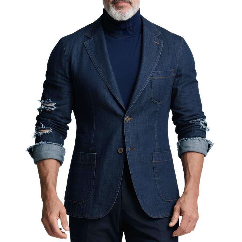 Men's Holes Denim Notch Lapel Multi-pocket Casual Blazer MTA2852G4Z