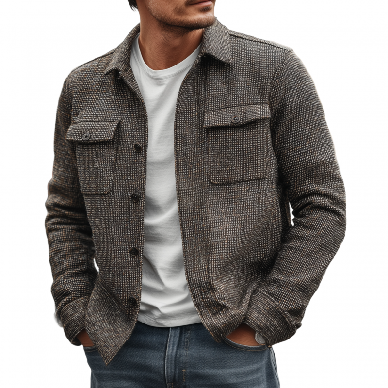 Men's Vintage Check Lapel Single Breasted Flap Pocket Loose Long Sleeve Shirt Jacket MTA1755G9M