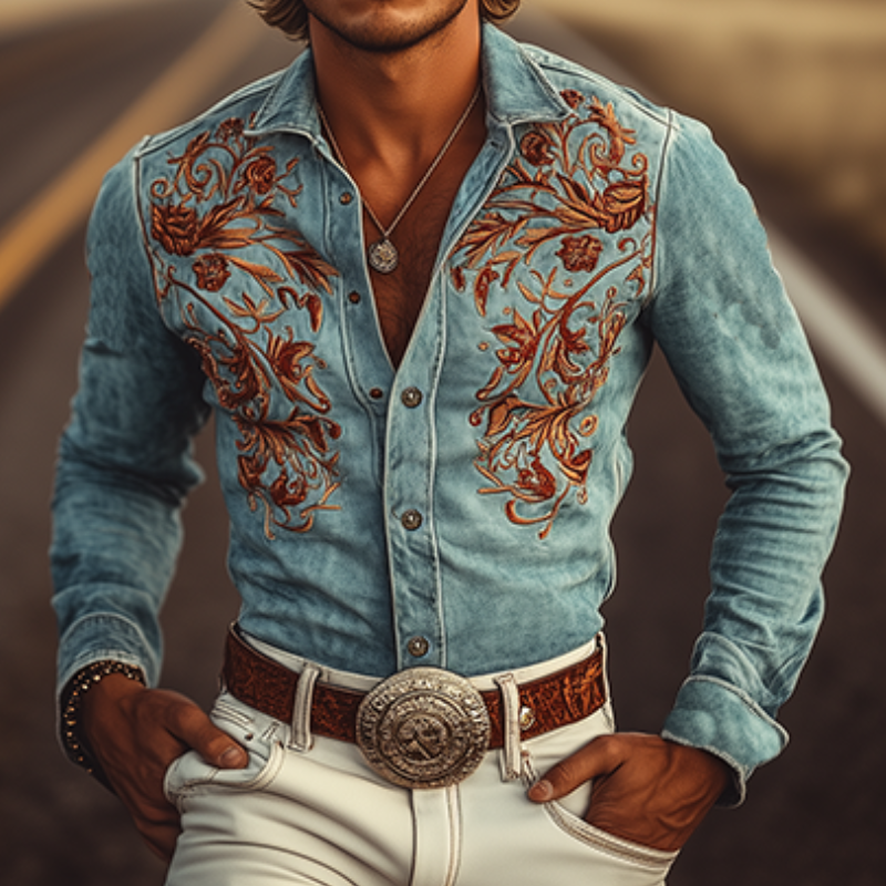 Men's Classic American Retro Western Suede Embroidered Long Sleeve Shirt 83858595K